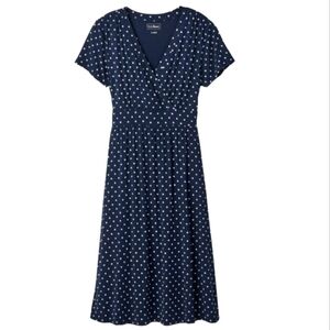 L.L.Bean Navy Dotted Short Sleeve Crossover Midi Spring Dress Sz S Reg